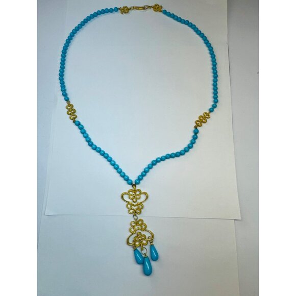 Estate Vintage 18K Gold Turquoise Beaded Necklace Handmade Dangle Drop 18" 26.8g - Picture 2 of 9